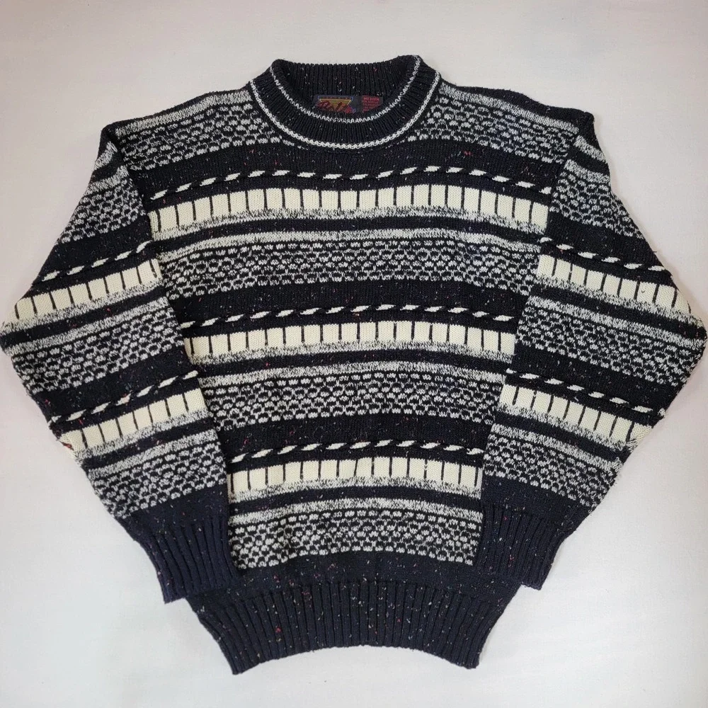 Vintage Lightning Bolt Black and White, Confetti Knit Sweater Medium Mens